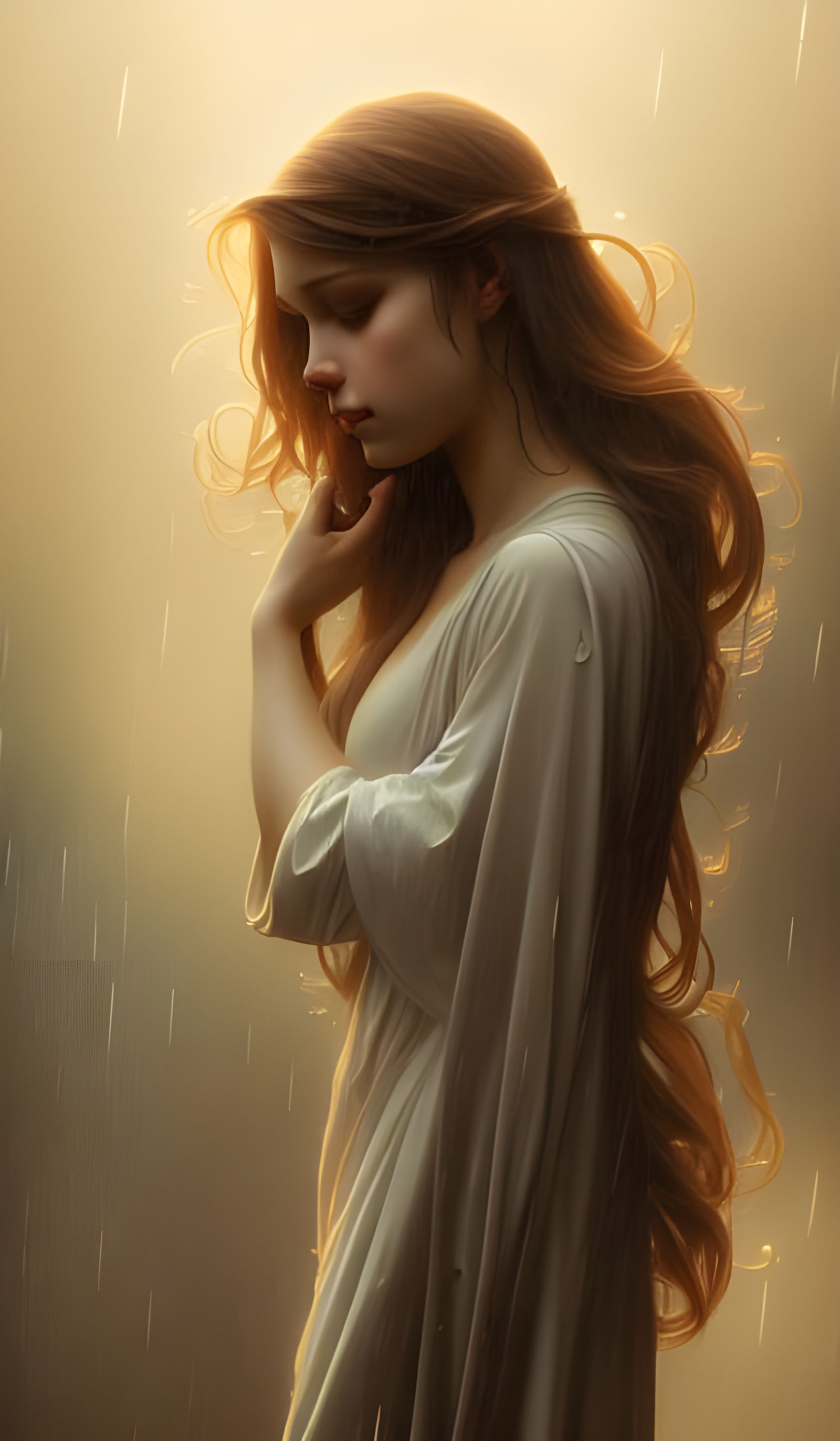 Full body portrait of a intricately detailed incredibly beautiful innocent submissive angel in rain, head and shoulders ...