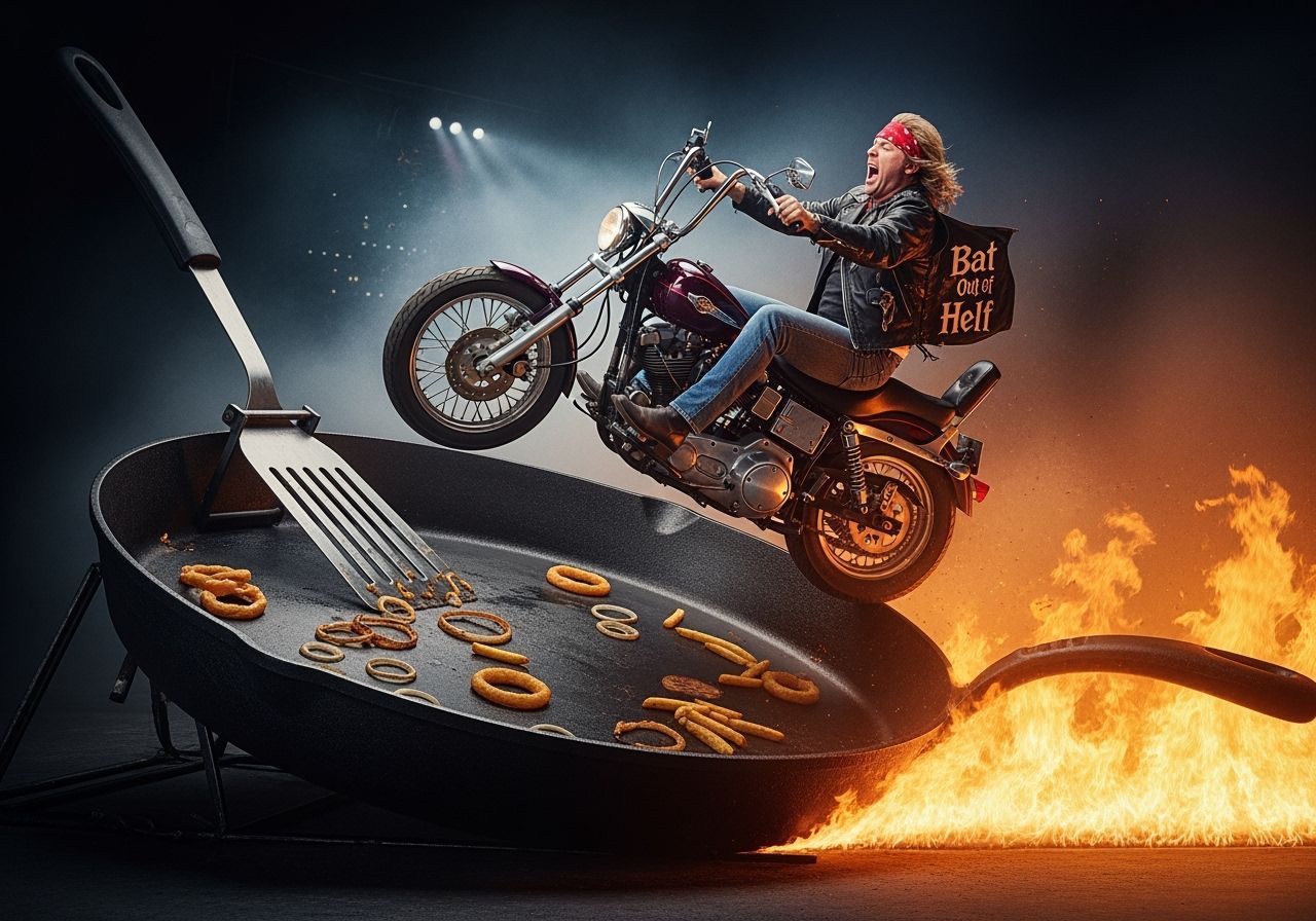 Meatloaf on Motorcycle Leaping from Frying Pan