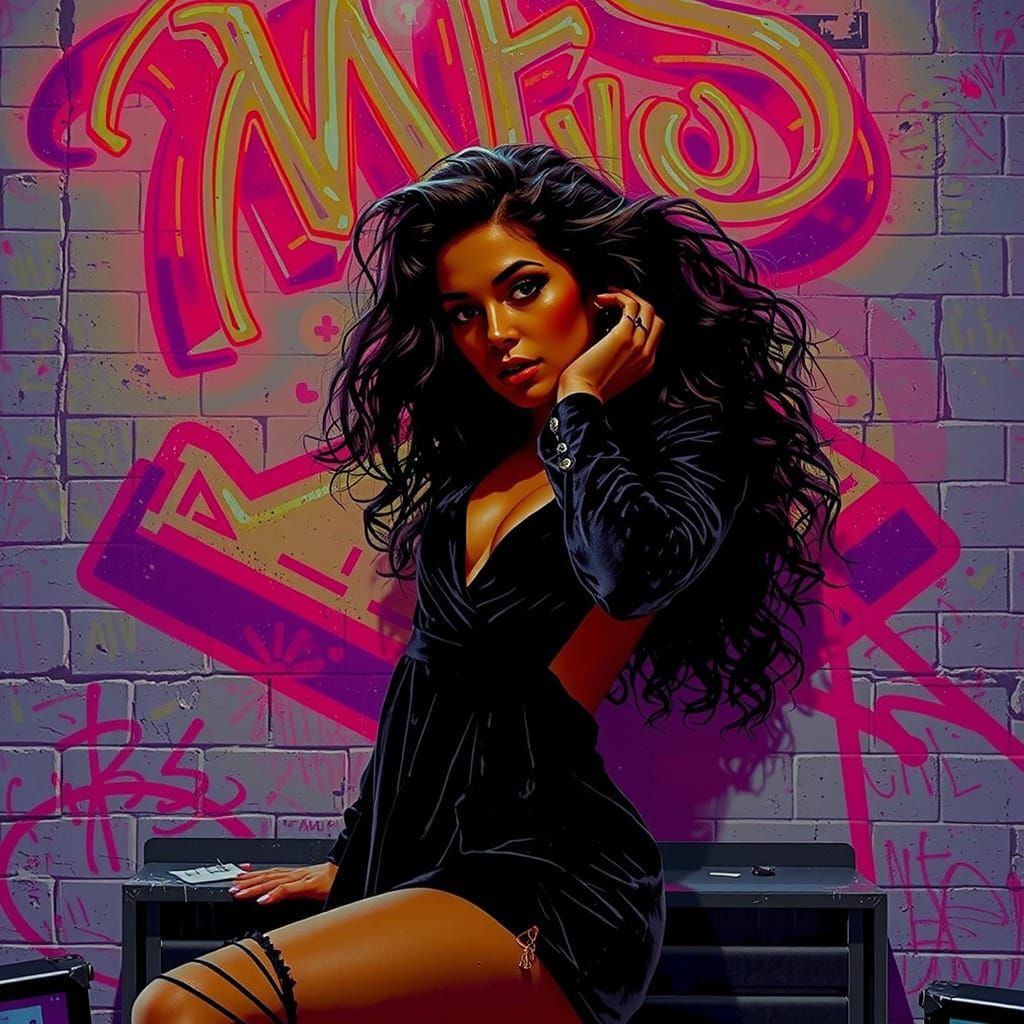 Striking Woman in Velvet Dress Against Graffiti Wall