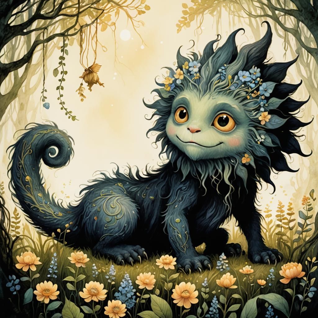 Cute Monster Holding Flowers in Mystical Forest