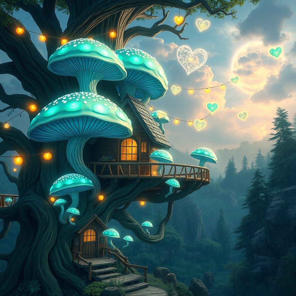 Whimsical Treehouse in Vibrant Fantasy Landscape