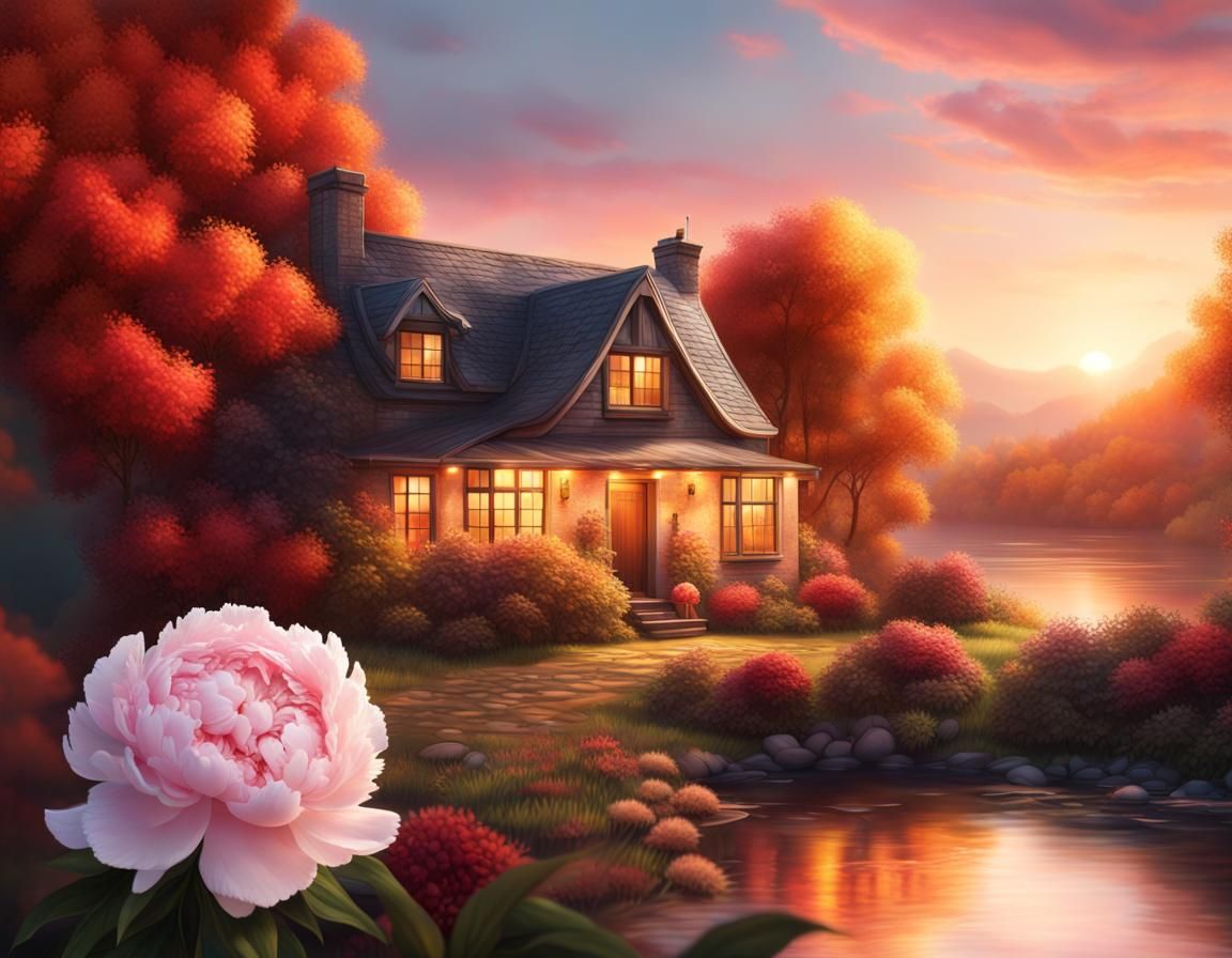 Lush Cottage with Peonies at Sunset