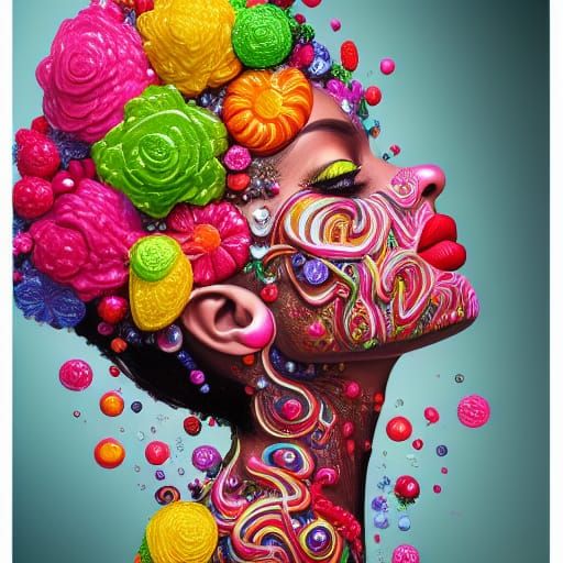 Candy Girl Portrait with Flowing Flowers and Liquid