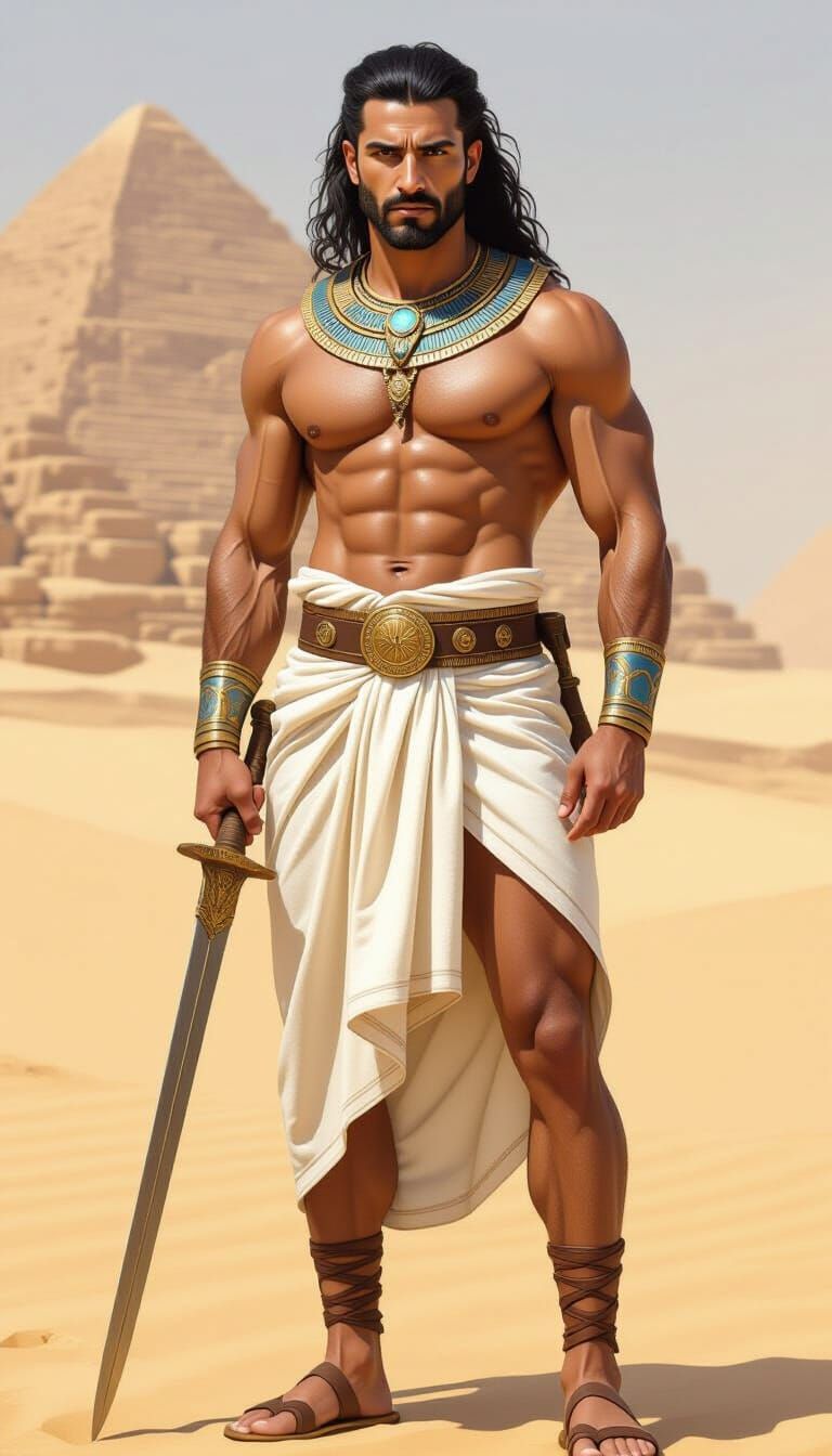 Muscular Ancient Egyptian Warrior in Desert