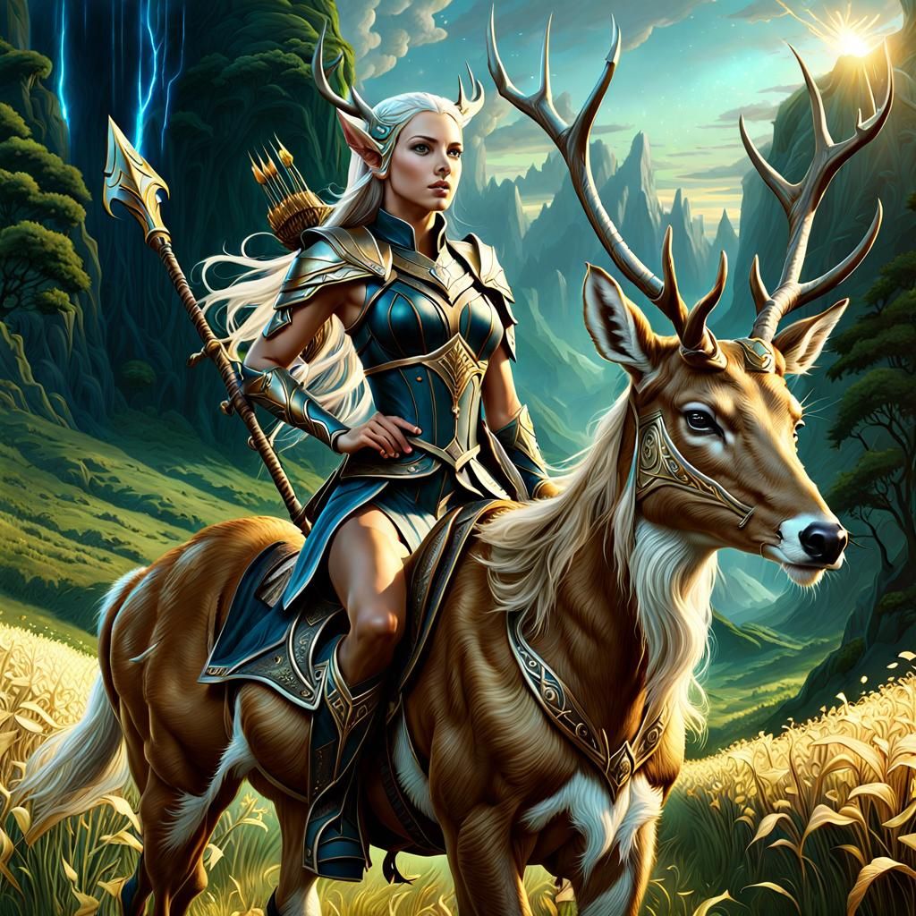 High Elf Huntress Riding Deer in Enchanted Field
