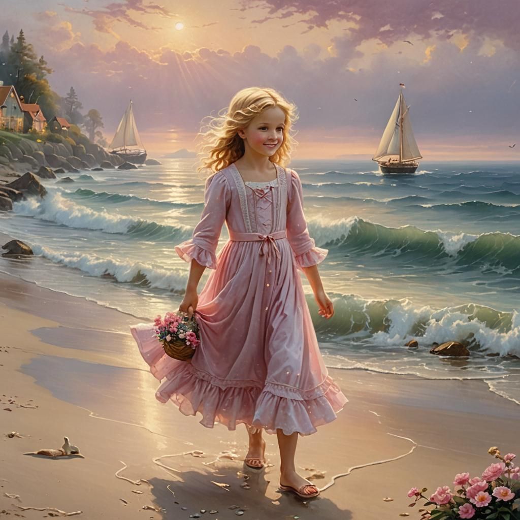 Sunny Seaside Landscape with Girl and Dog