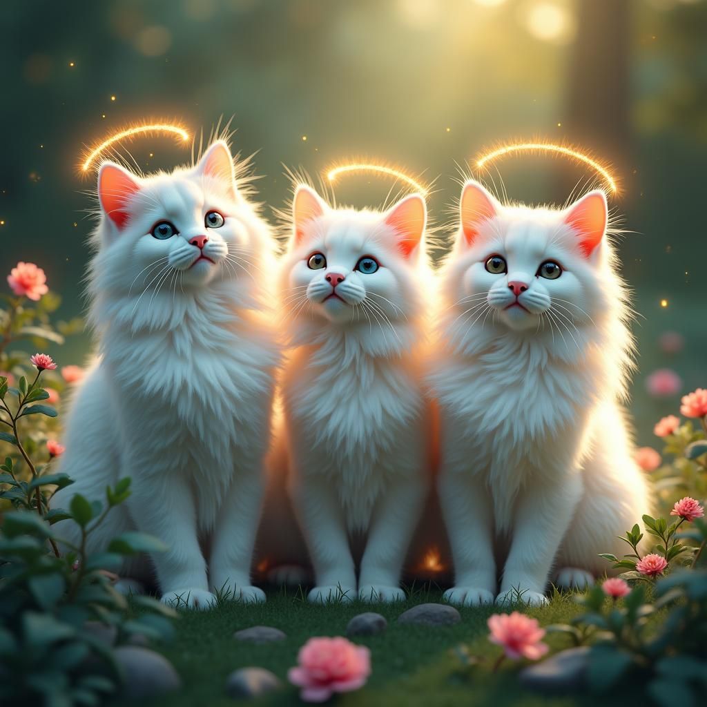 Whimsical Cats with Halos in Lush Garden