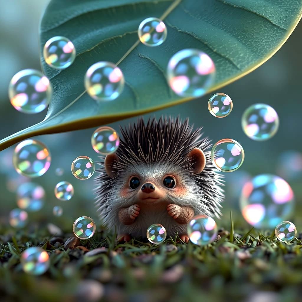 Cute Hedgehog Hiding From Bubbles: 3D Render