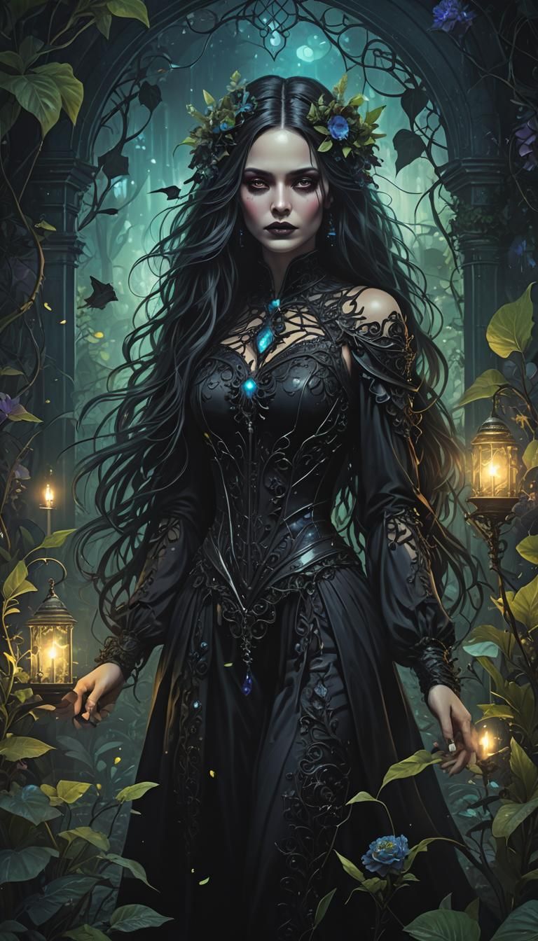 A mysterious woman with elements of dark fantasy elements dark romance and Gothic styles surrounded by a lush botanical ...