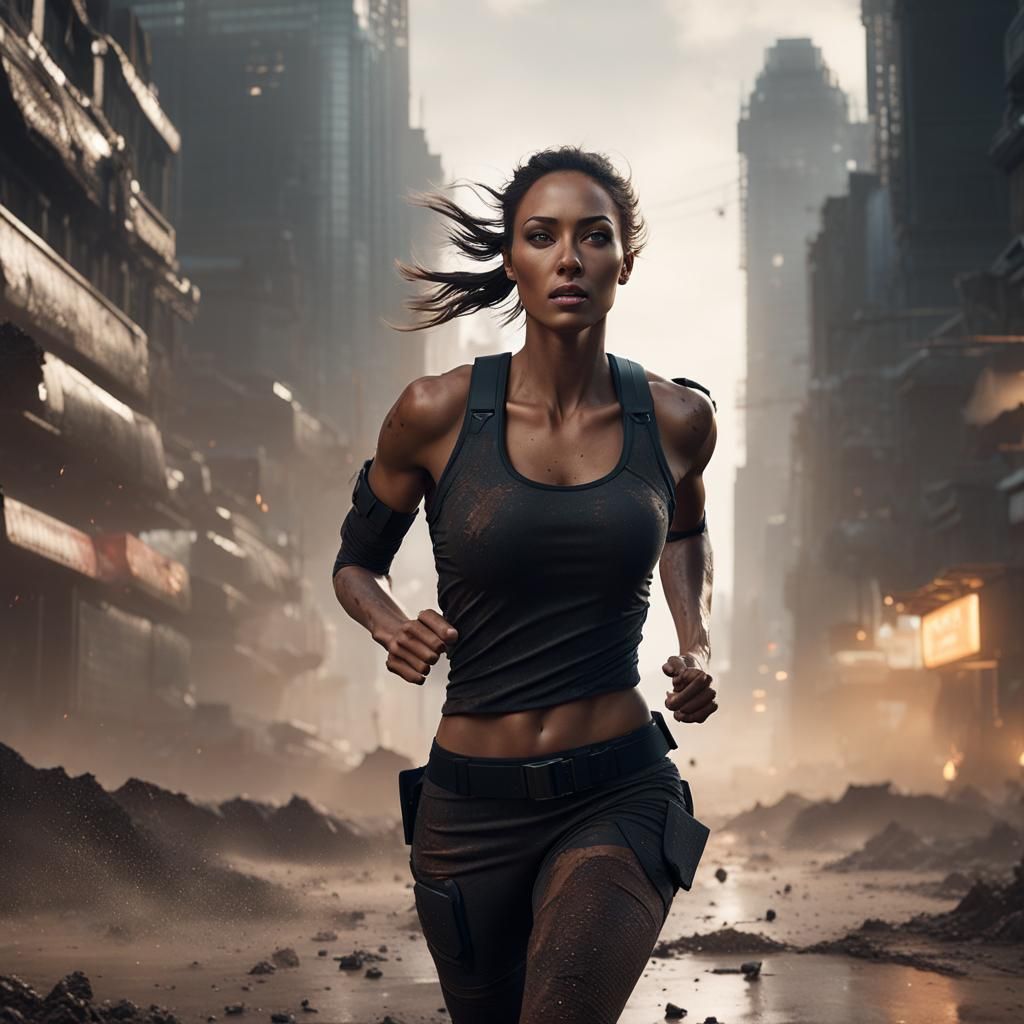 Woman Escaping a Dystopian City in Sci-Fi Style