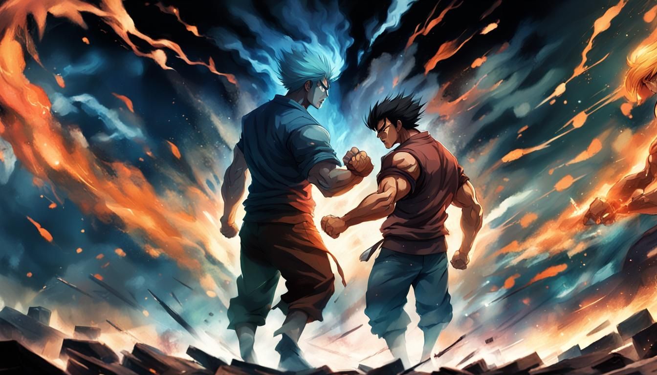 Anime Battle: Muscular Men Clash in Smoky Arena