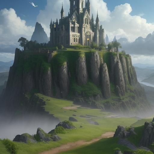 Vibrant Fantasy Landscape with Birds in Flight