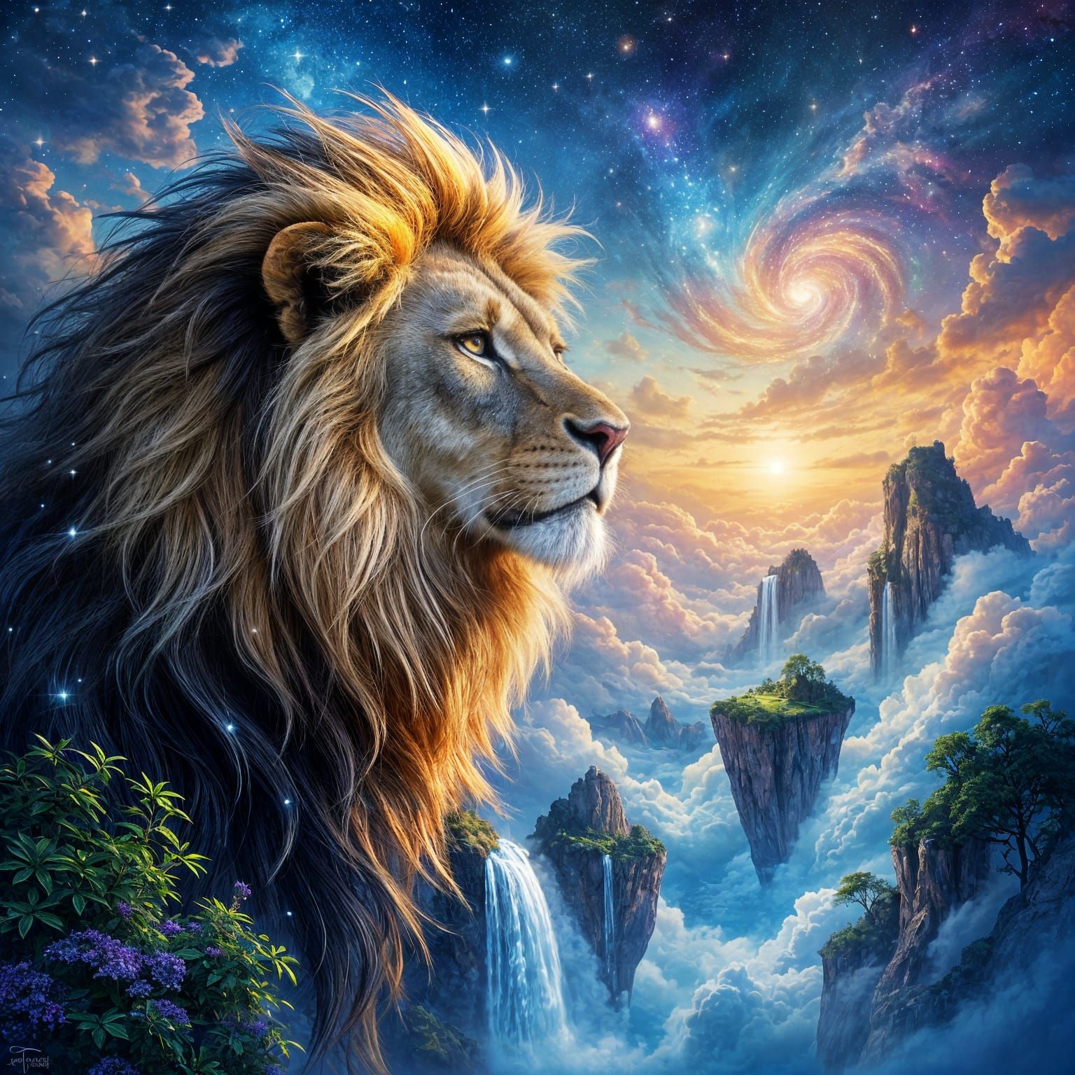 Starlight Lion in Dreamlike Cosmic Landscape
