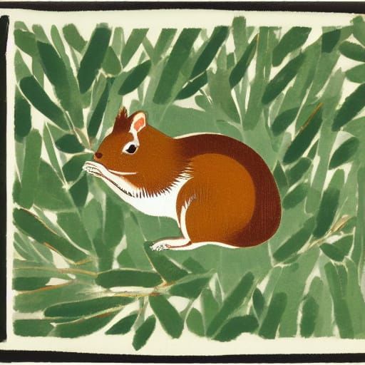Whimsical Woodblock Squirrel with Giant Pine Nut in Forest S...