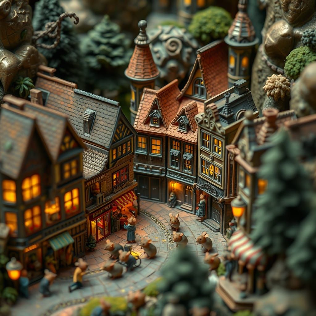 Mice in Miniature City Diorama, Hyperrealistic Style