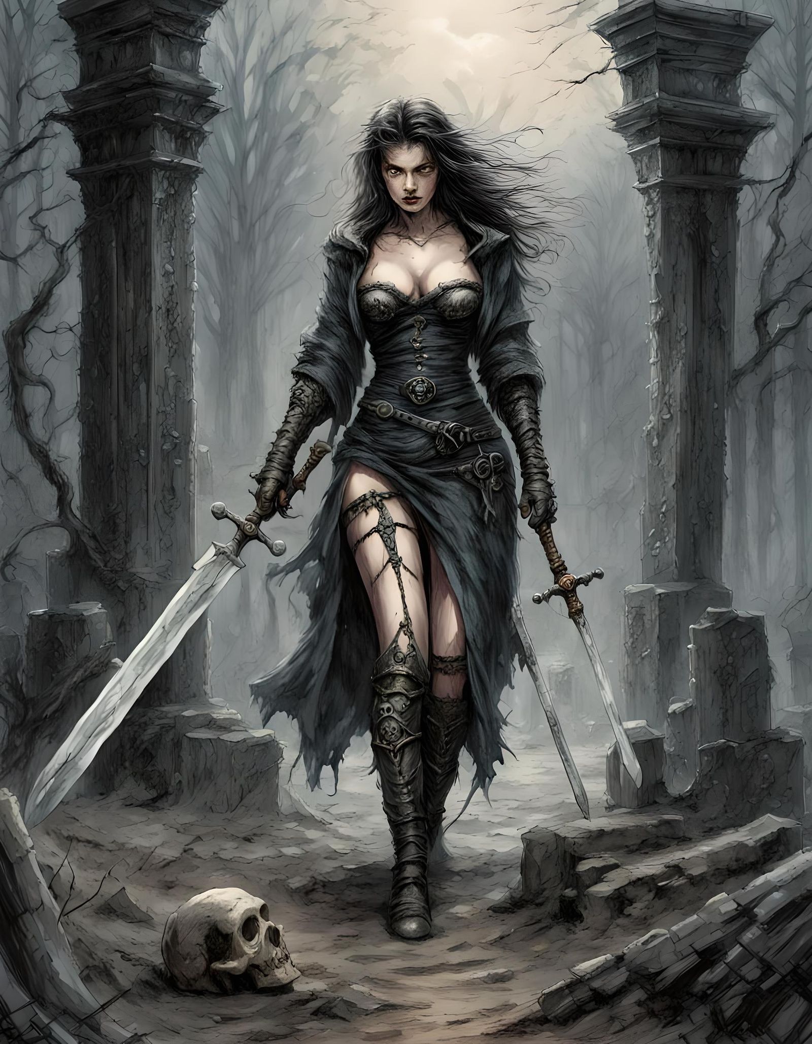 Adventurer in Graveyard, Dark Fantasy Comic Illustration