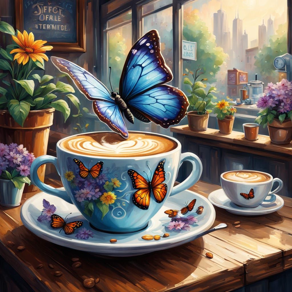 Vibrant Barista Butterfly in Whimsical Café