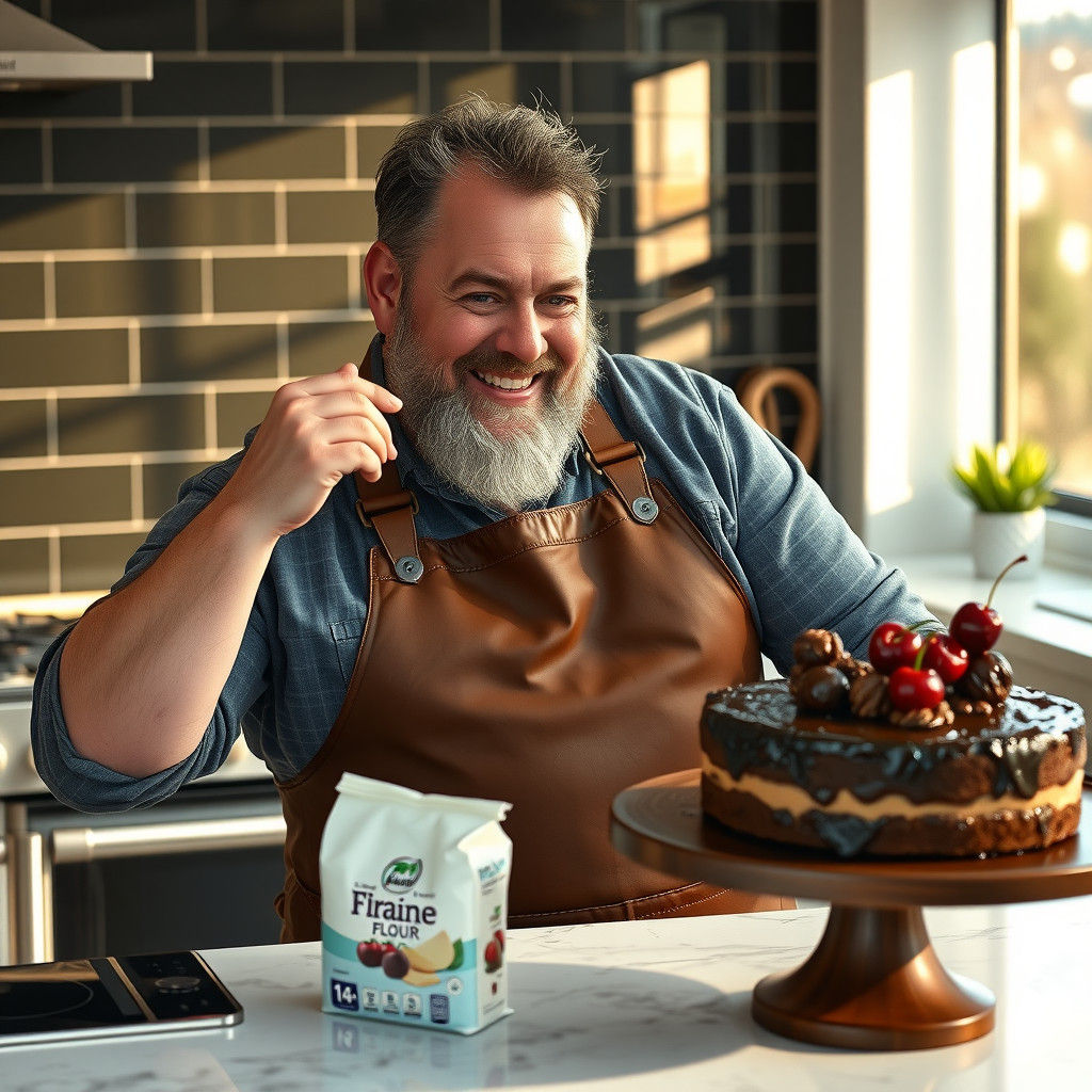 Charming Bearded Man Baking a Cake, Photorealistic Style