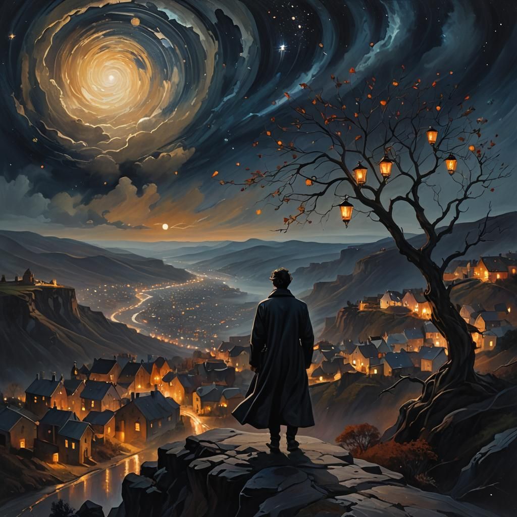 Brooding Figure Under Starry Night Sky as Impasto Painting