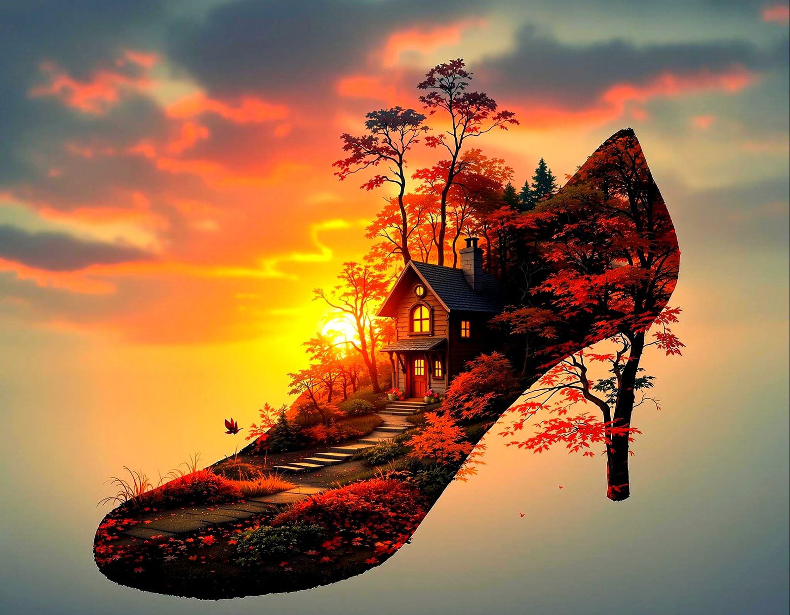 Whimsical Shoe House in Autumn Sunset