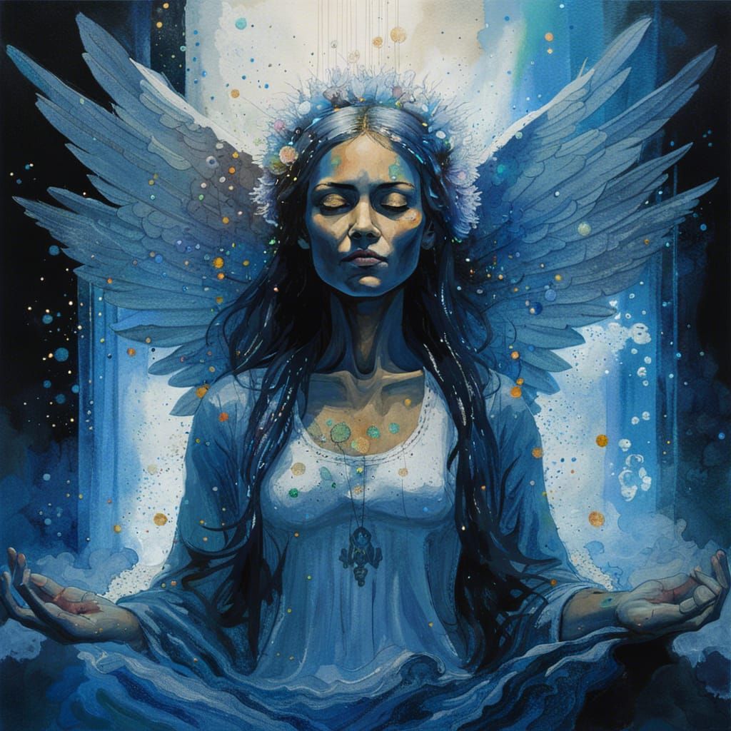 Meditating Angel in Eerie, Vibrant Watercolor Dreamscape