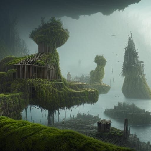 Floating Wooden City in Post-Apocalyptic Style