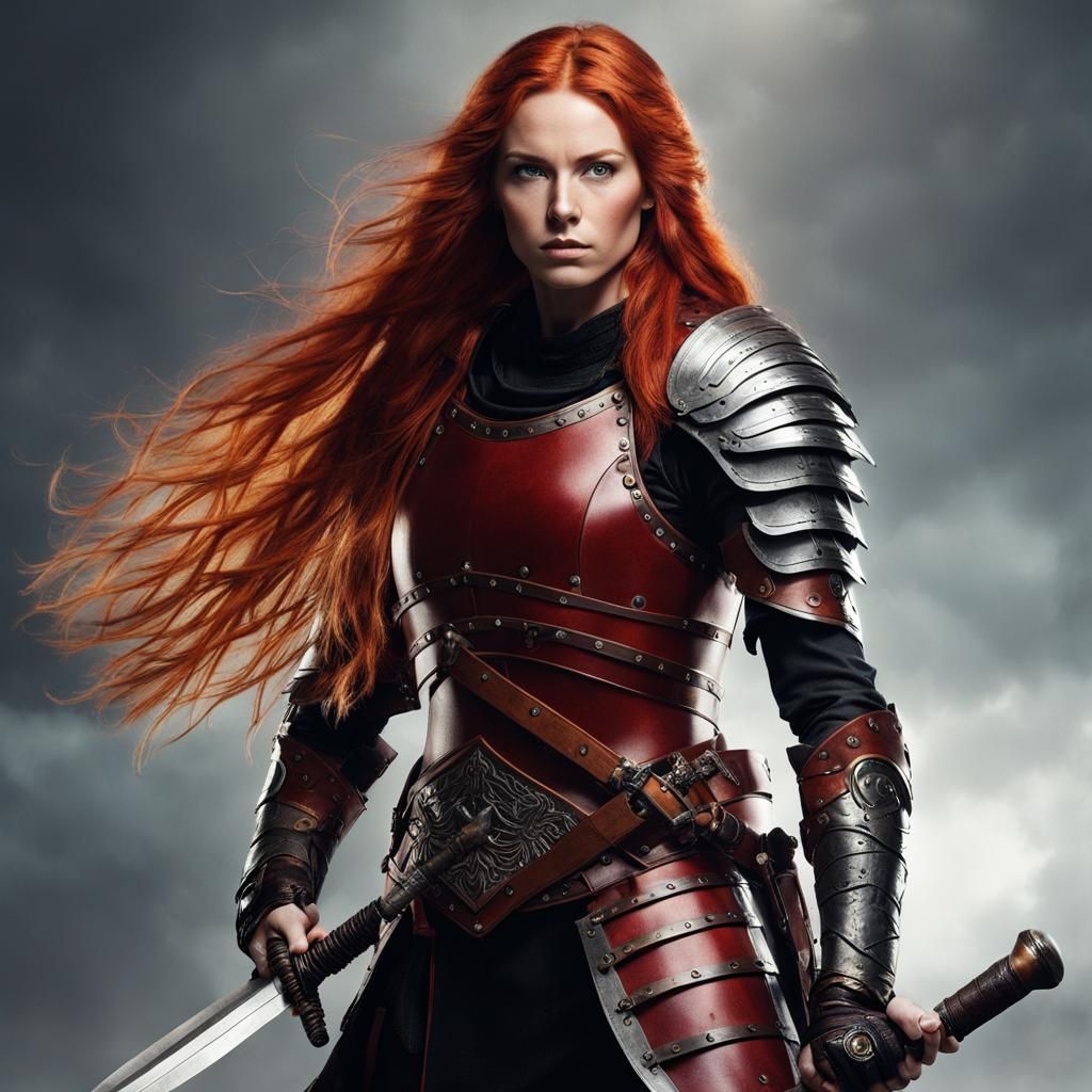 Red Haired Female Warrior with Sword and Scar