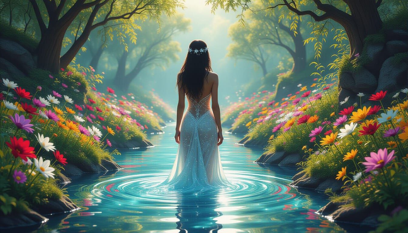 Ethereal Woman Merging with Nature in Psychedelic Eco-Art St...