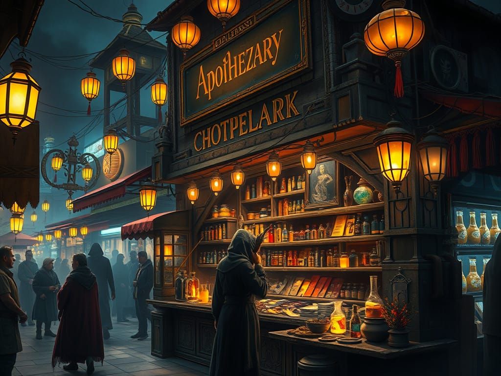 Enigmatic Apothecary in a Futuristic Night Market