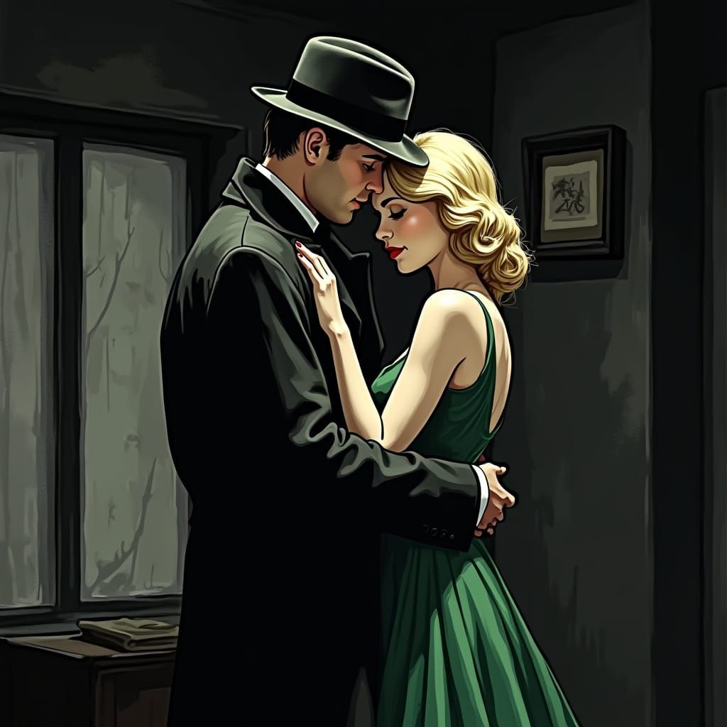 Sleek Noir Romance in Smoky Nightclub