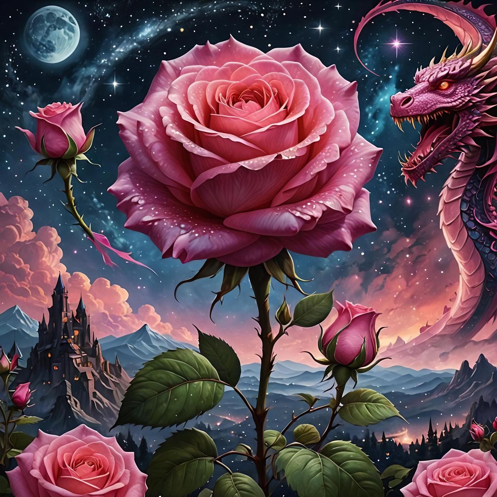 Majestic Dragon and Pink Rose in Hyperrealism