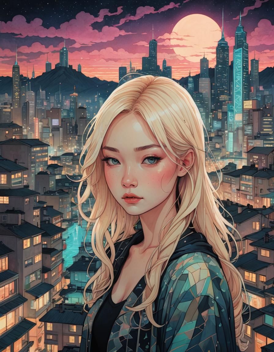 Neon Techno Witch in Watercolor Cityscape