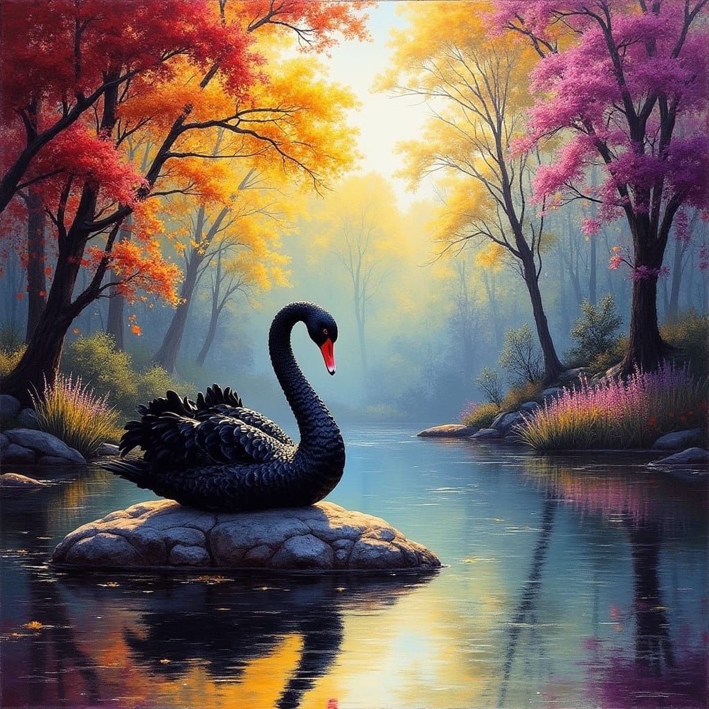 Hyper-Realistic Australian Autumn Scene with Black Swans