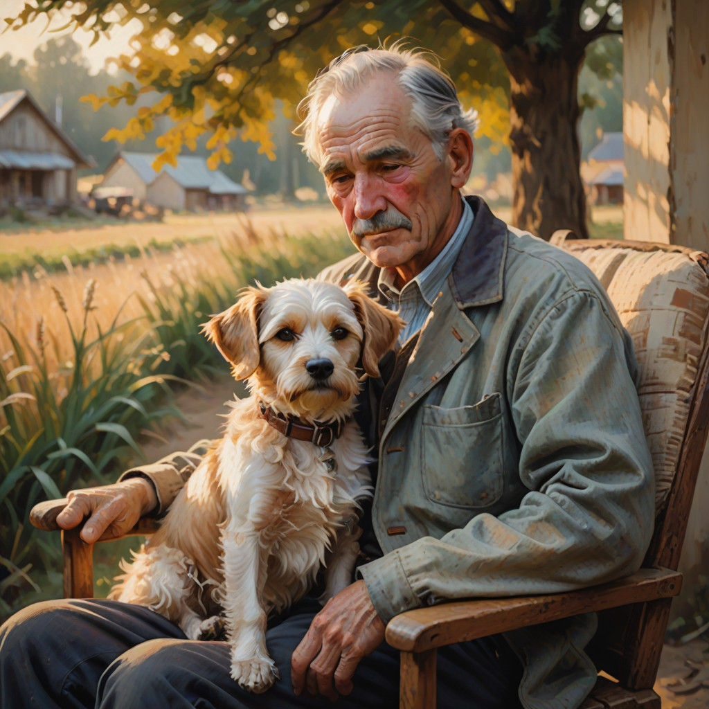 Warm Impressionist Portrait of Gentle Farmer and Loyal Dog