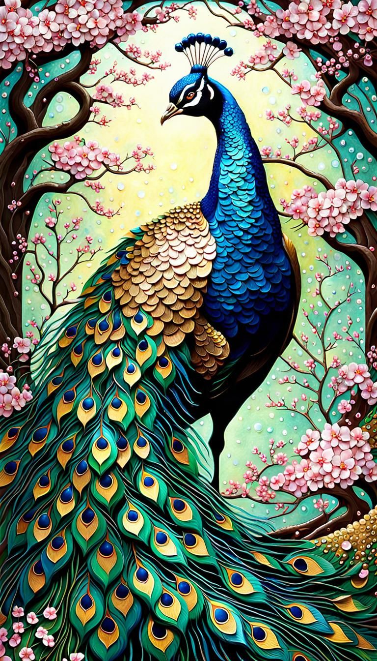 Metal and Glass Peacock Under Sakura Tree