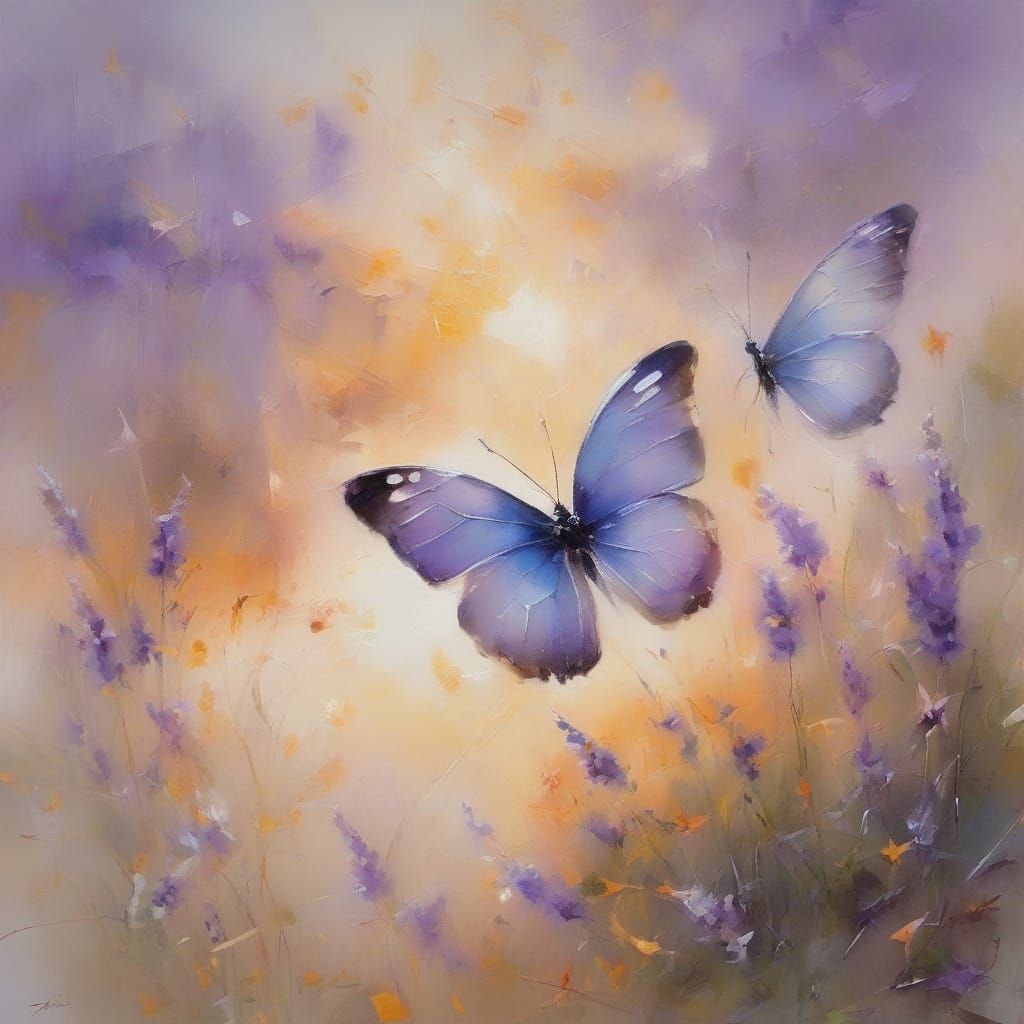 Butterflies Hovering Above Lavender in Sunset Hues