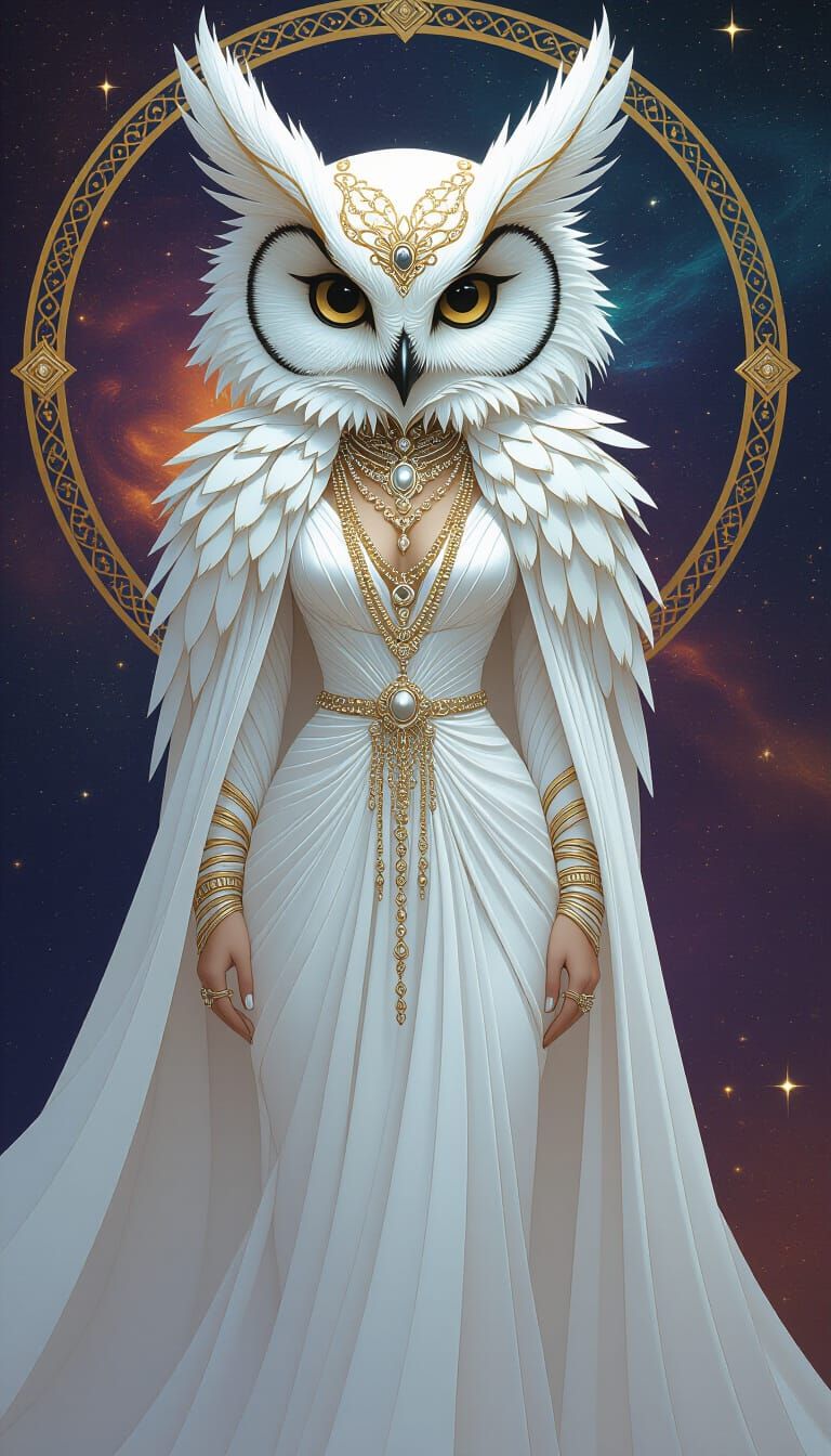 Ethereal Owl-Human Hybrid in Cosmic Setting