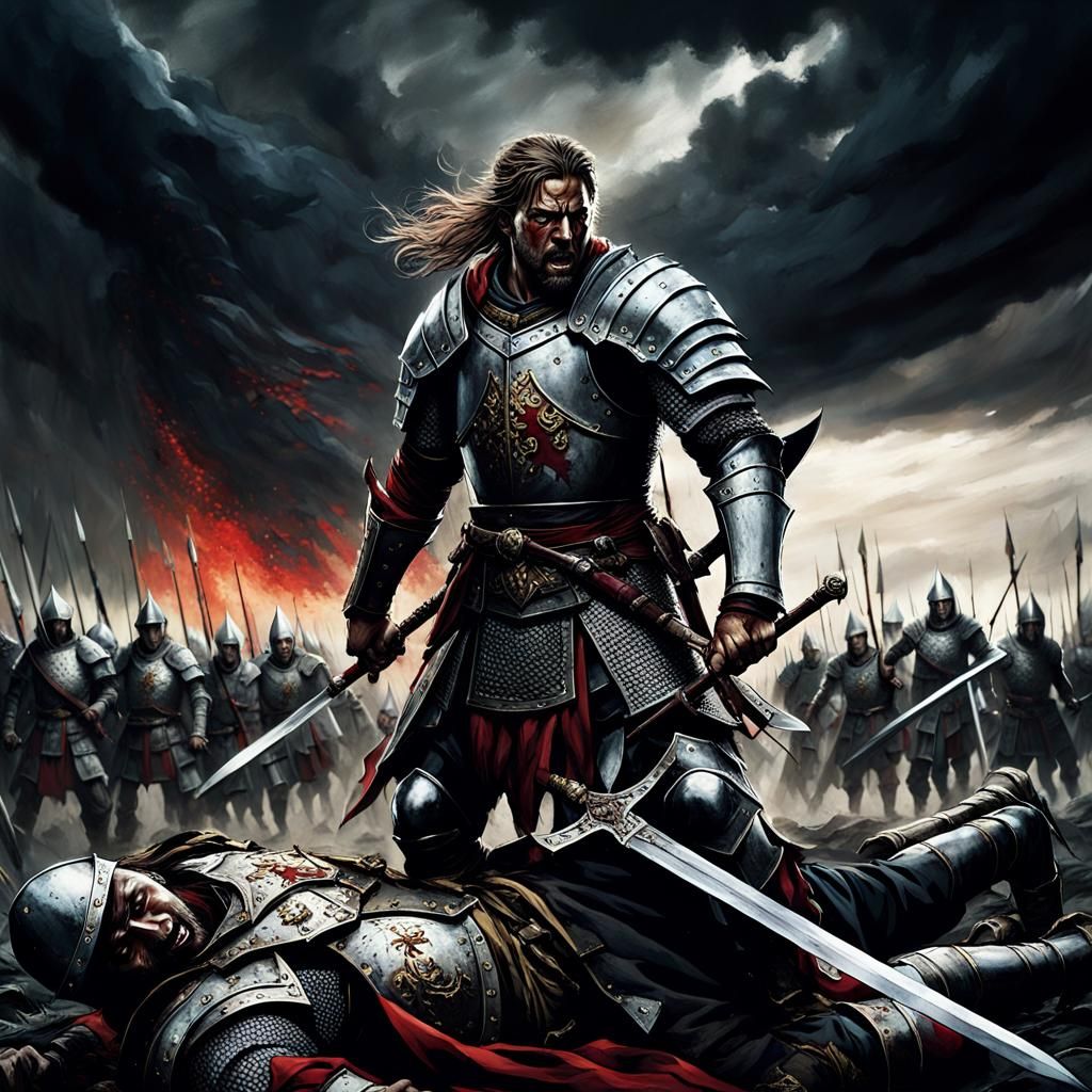 Epic Dark Fantasy Warrior Rises on Battlefield