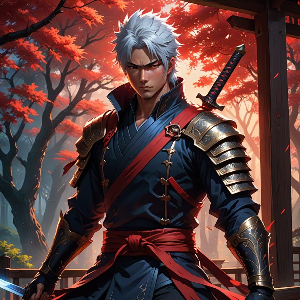 Dramatic Ninja Warrior in Red Aura, Manga-Style