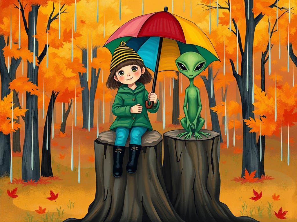 Under an umbrella with the imaginary friend
