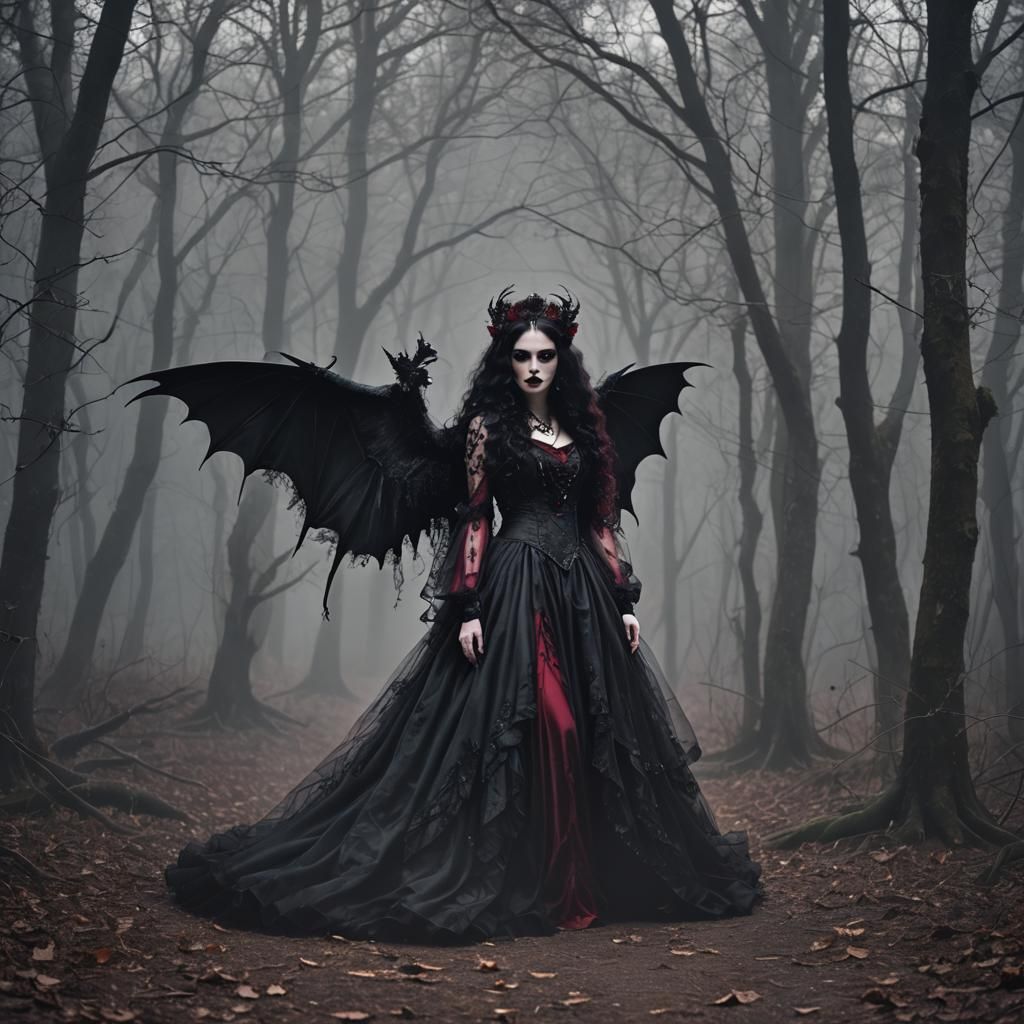 Gothic Dark Fairy in Misty Forest at Night