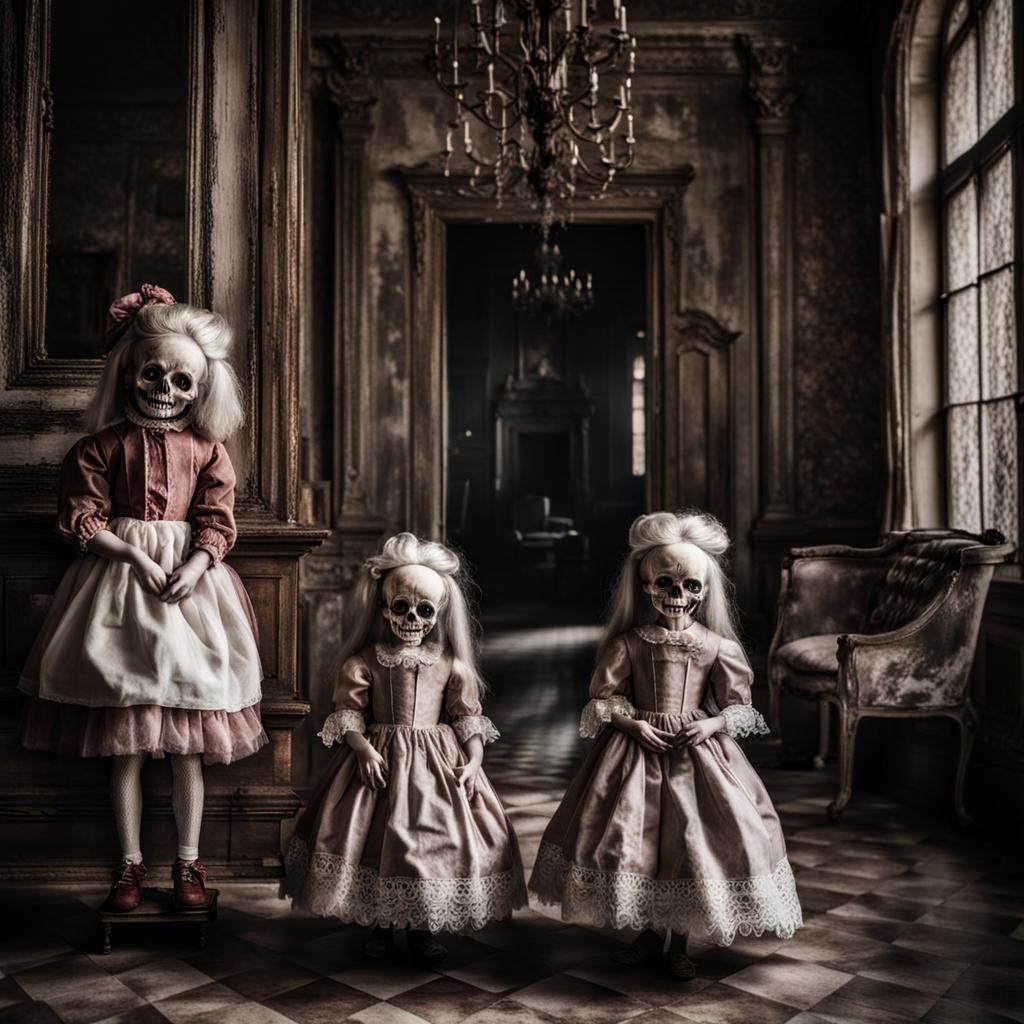 Two Girls Playing with Dolls in a Mansion