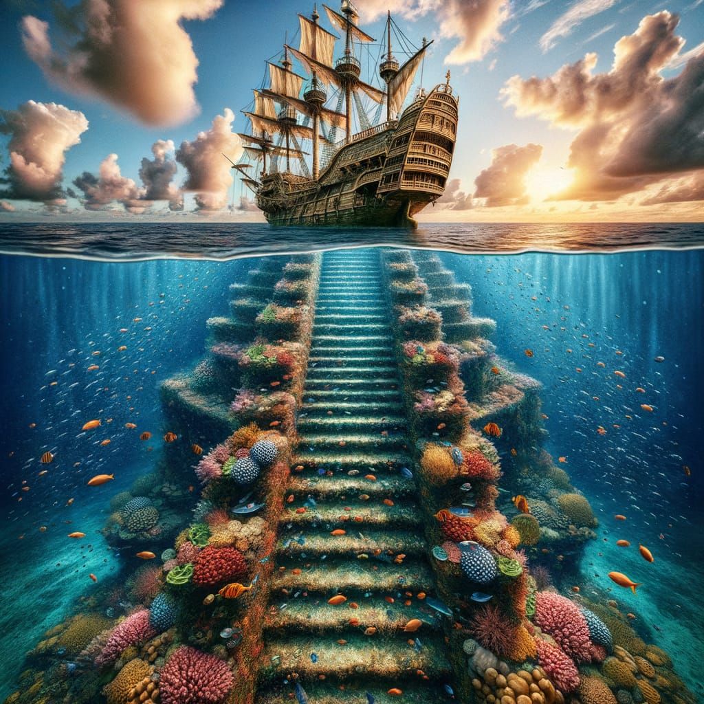 Underwater Stairway to Pirate Ship Sunset