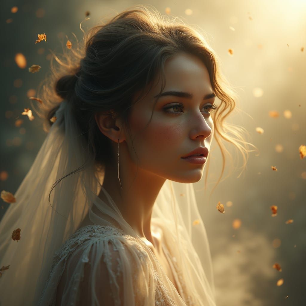 Ethereal Woman Lost in Golden Haze