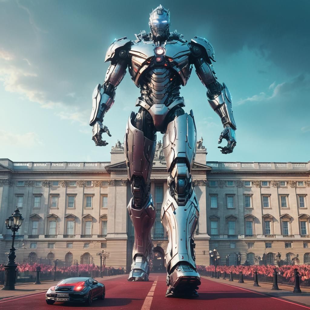 Cyborg Stands Guard at Buckingham Palace in Cyberpunk Style