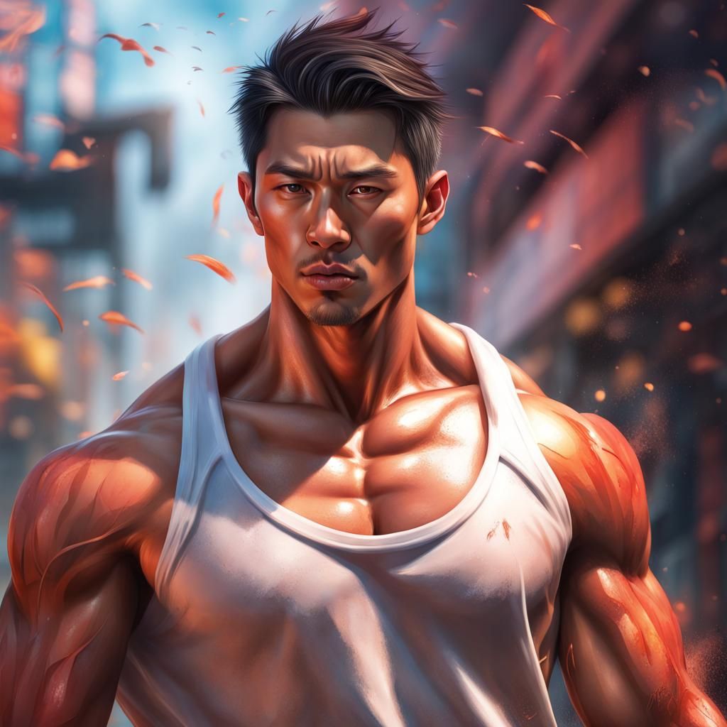 Hyperrealistic Asian Man with Muscles in Splash Art Style