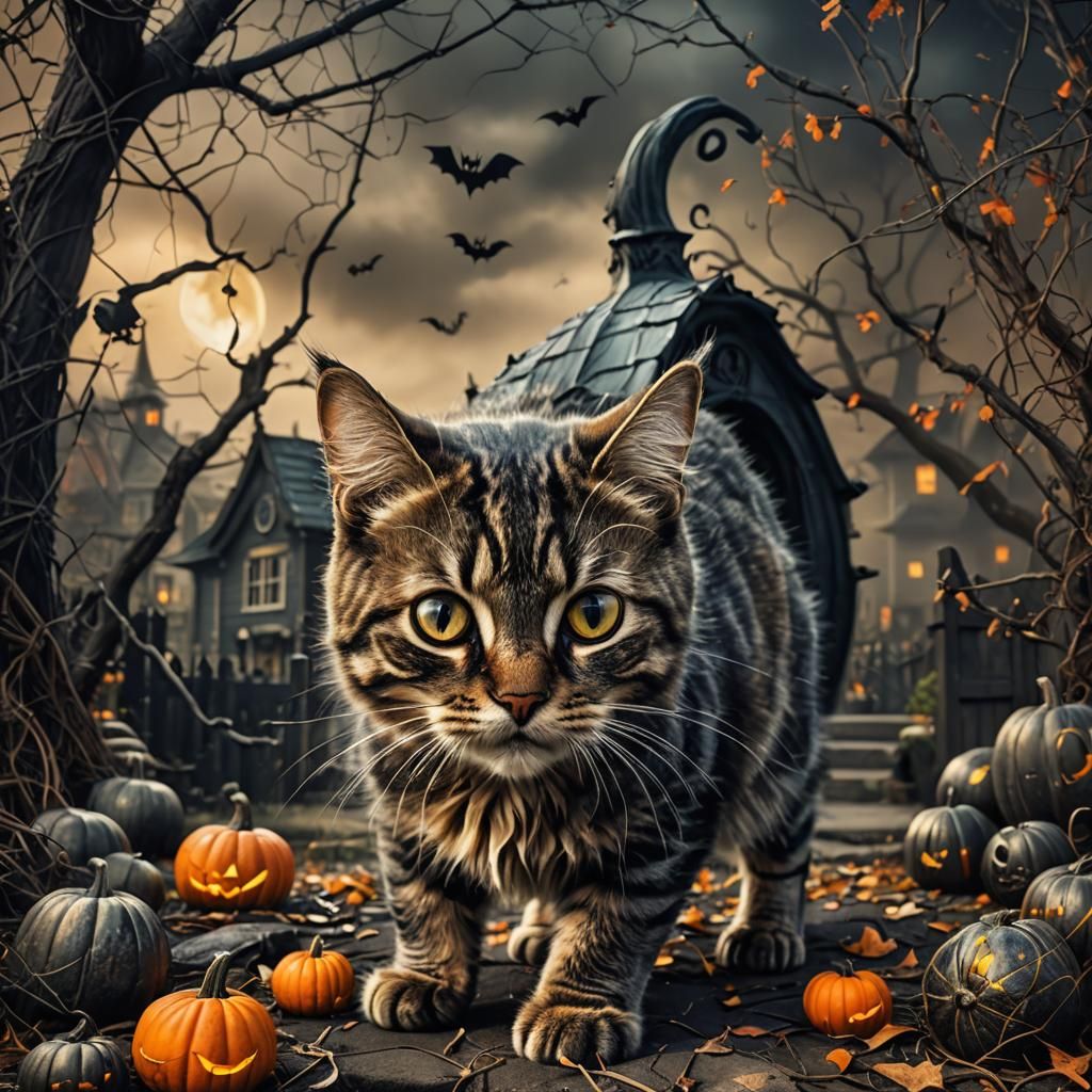 Hyperrealistic Halloween Cat in Cinematic Style