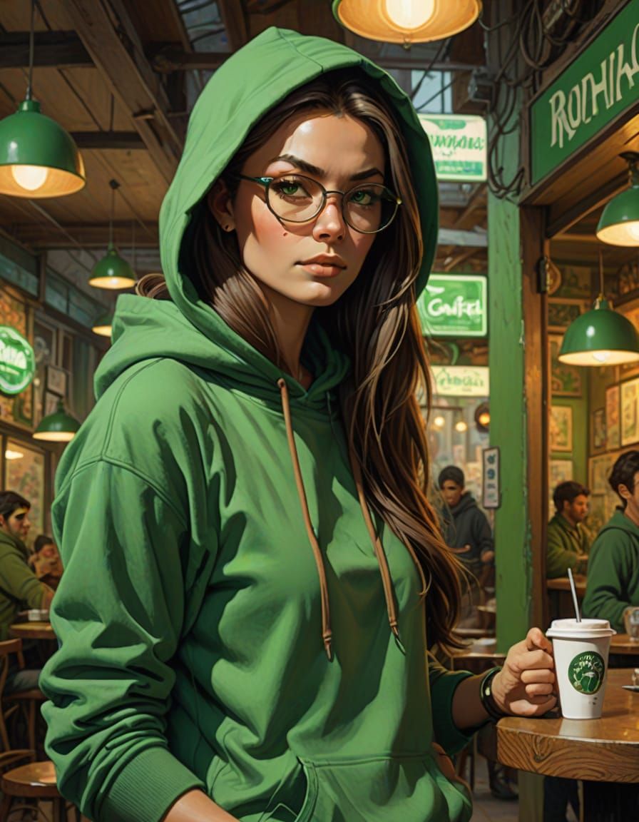 Eurasian Woman in Hipster Café, Inspired by Fantasy Art