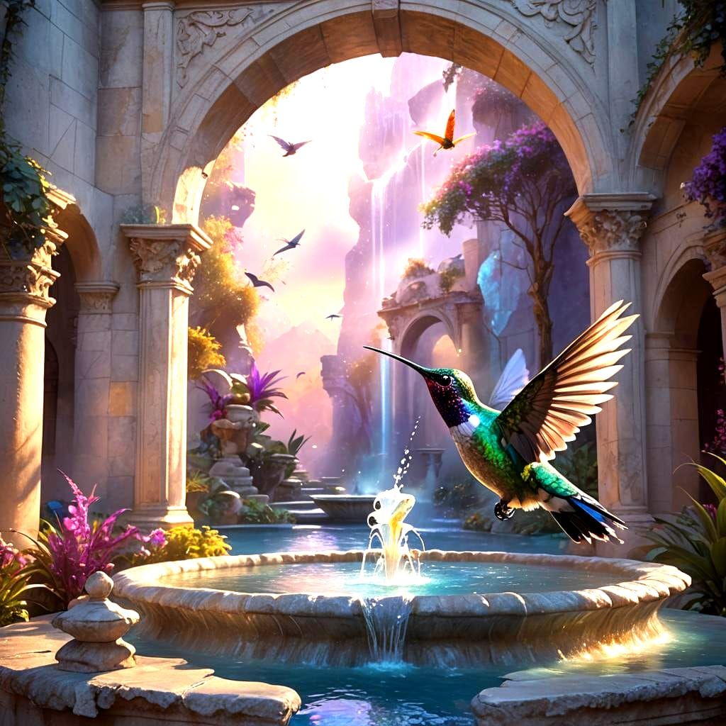 Hummingbird at Marble Fountain: Ethereal Dawn