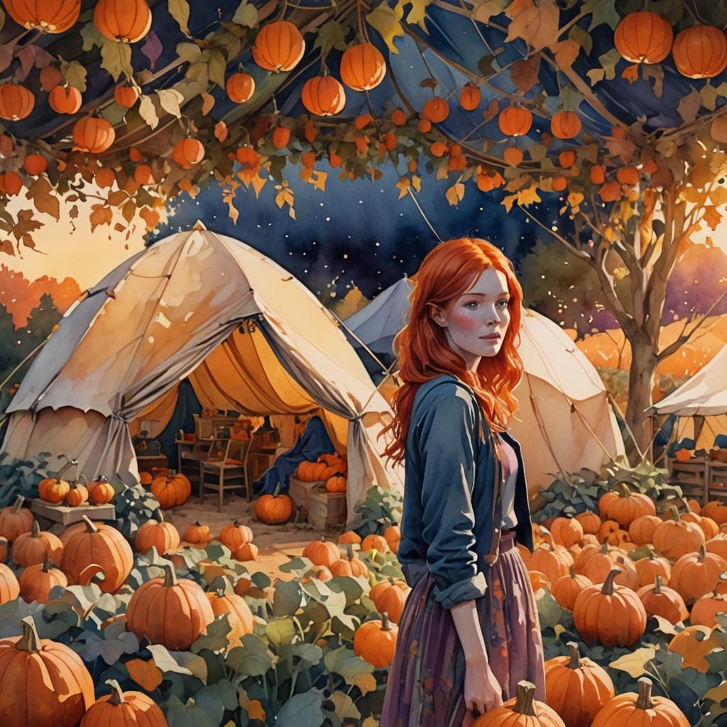 Woman in Pumpkin Patch: Watercolor Concept Art